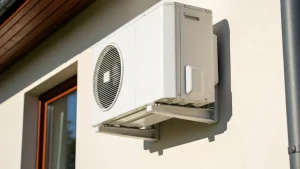 Klimatyzacja split z jednostką wewnętrzną i zewnętrzną zamontowaną na ścianie domu