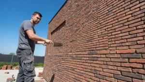 Montaż płytek klinkierowych na elewacji domu – pracownik przykładający płytkę szpachlą