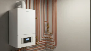 Nowoczesny kocioł gazowy kondensacyjny zainstalowany w kotłowni domowej z rurociągami i systemem automatyki