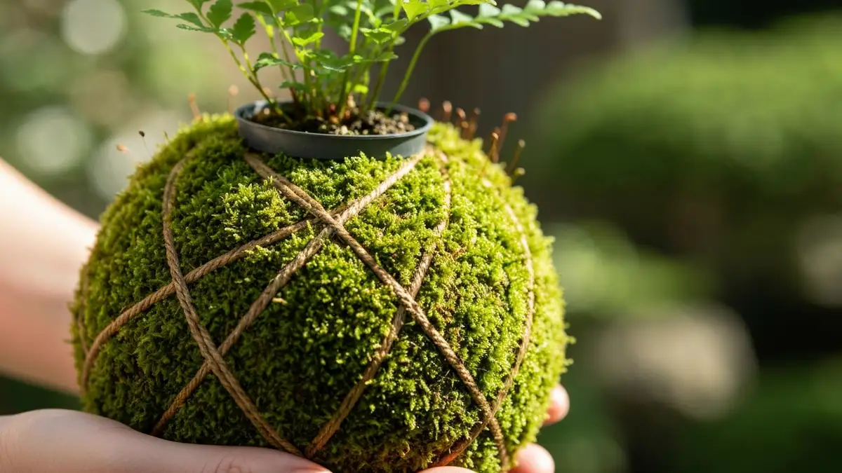 Kokedama - japońska kula mchu z rośliną doniczkową w hands