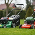 Porównanie kosiarki Einhell i Gardena – dwie kosiarki akumulatorowe obok siebie na tle małego ogrodu