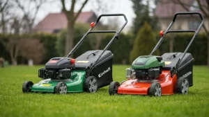 Porównanie kosiarki Einhell i Gardena – dwie kosiarki akumulatorowe obok siebie na tle małego ogrodu