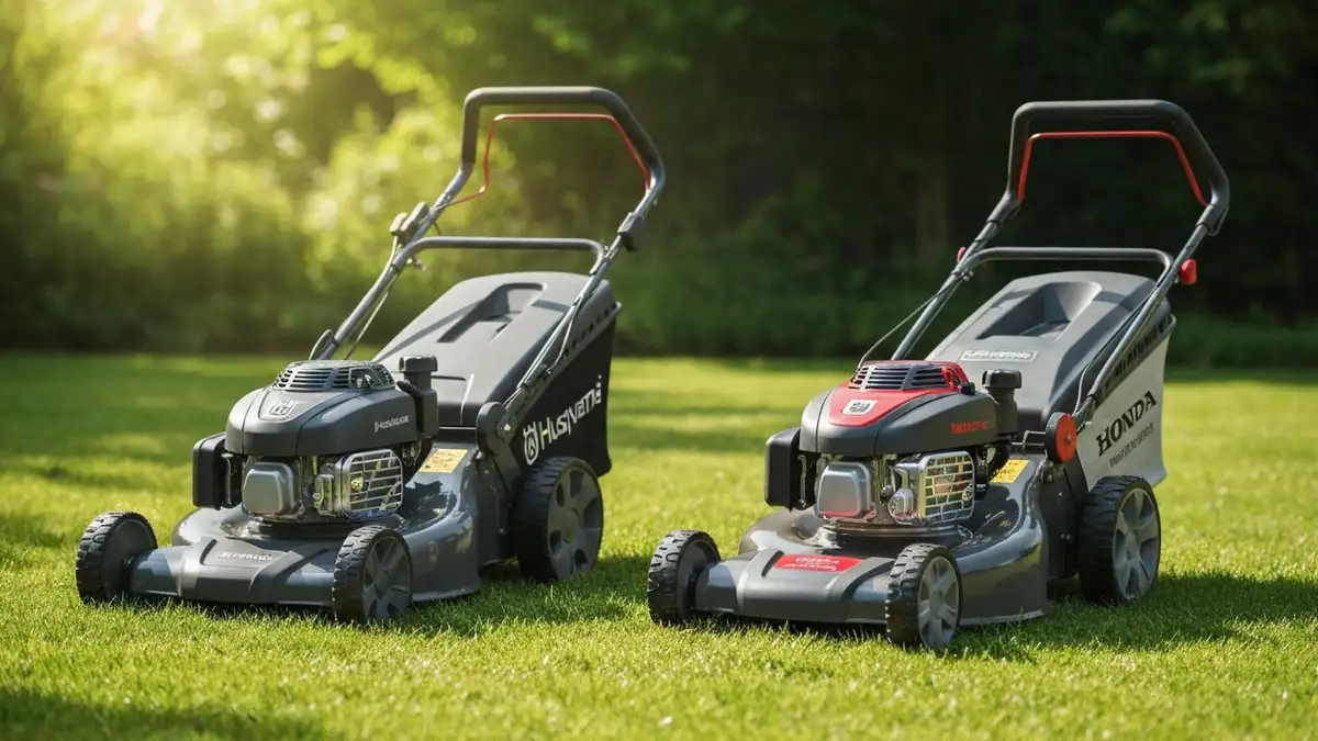 Porównanie kosiarek spalinowych Husqvarna i Honda – dwie Premium kosiarki obok siebie na trawniku