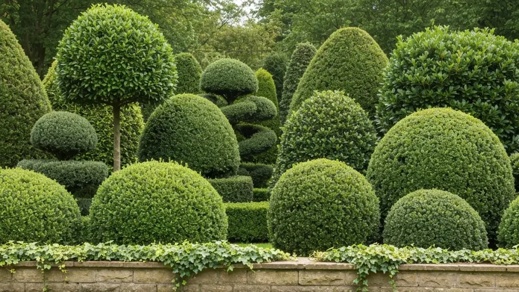Dwanaście różnych gatunków krzewów zimozielonych w ogrodzie: Taxus, Buxus, Ilex, Prunus laurocerasus, Euonymus, Lonicera, Cotoneaster, Hedera, Mahonia, Daphne i Skimmia w naturalnym oświetleniu