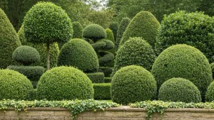 Dwanaście różnych gatunków krzewów zimozielonych w ogrodzie: Taxus, Buxus, Ilex, Prunus laurocerasus, Euonymus, Lonicera, Cotoneaster, Hedera, Mahonia, Daphne i Skimmia w naturalnym oświetleniu