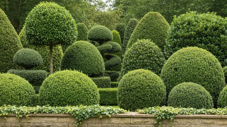 Dwanaście różnych gatunków krzewów zimozielonych w ogrodzie: Taxus, Buxus, Ilex, Prunus laurocerasus, Euonymus, Lonicera, Cotoneaster, Hedera, Mahonia, Daphne i Skimmia w naturalnym oświetleniu