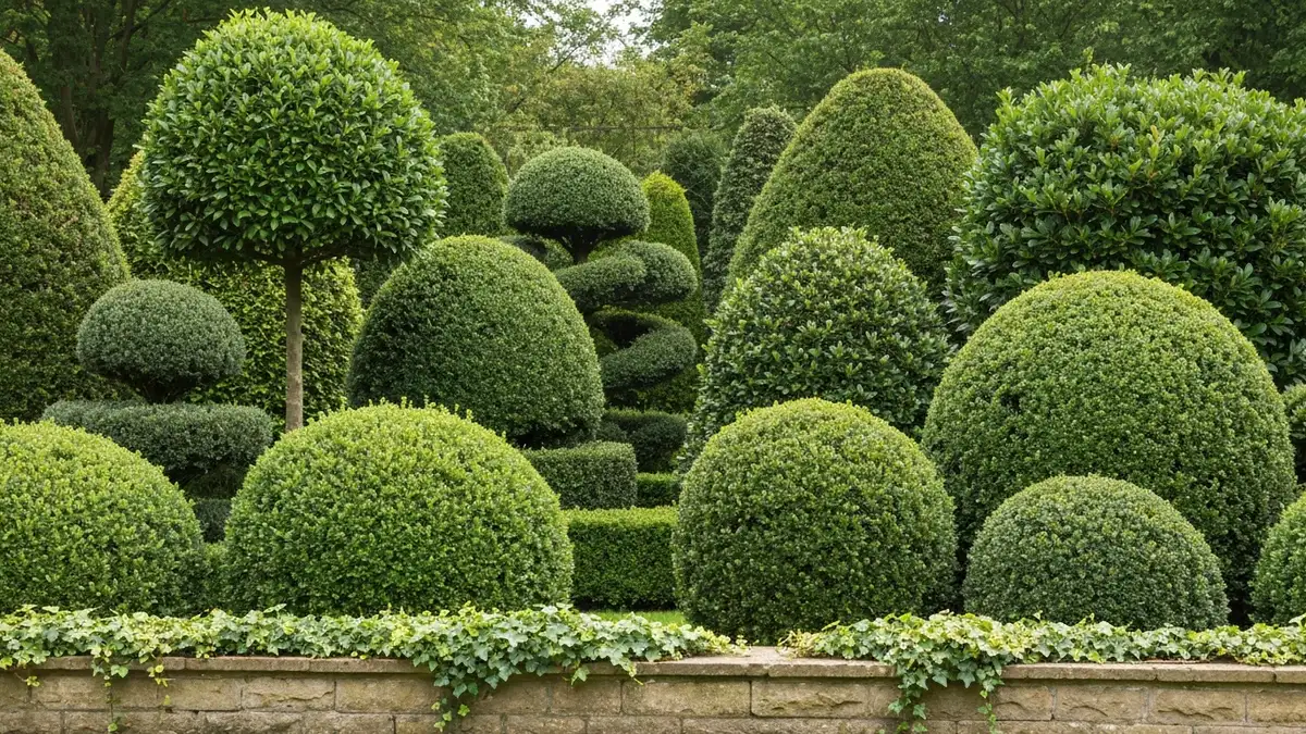 Dwanaście różnych gatunków krzewów zimozielonych w ogrodzie: Taxus, Buxus, Ilex, Prunus laurocerasus, Euonymus, Lonicera, Cotoneaster, Hedera, Mahonia, Daphne i Skimmia w naturalnym oświetleniu
