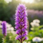 Liatris kłosowa z fioletowymi kłosami kwiatów w słonecznym ogrodzie