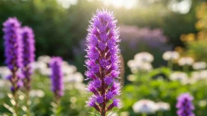 Liatris kłosowa z fioletowymi kłosami kwiatów w słonecznym ogrodzie