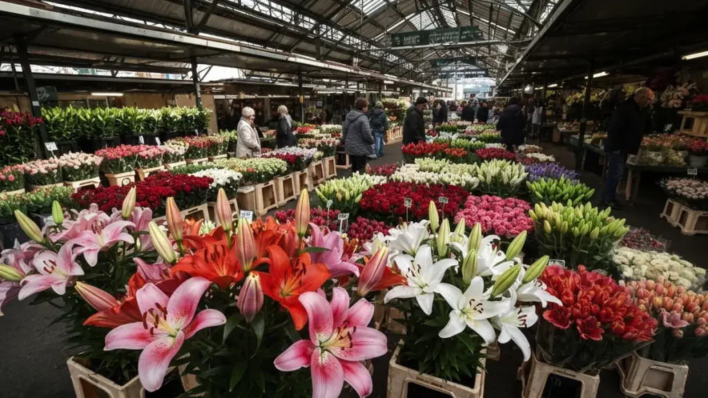 Piękne lilies ogrodowe w różnych kolorach: różowe, białe, pomarańczowe rozkwitające na gęstych pędach w słonecznym ogrodzie.