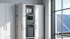 Magazyn energii z akumulatorami domowymi podłączony do instalacji fotowoltaicznej na dachu domu