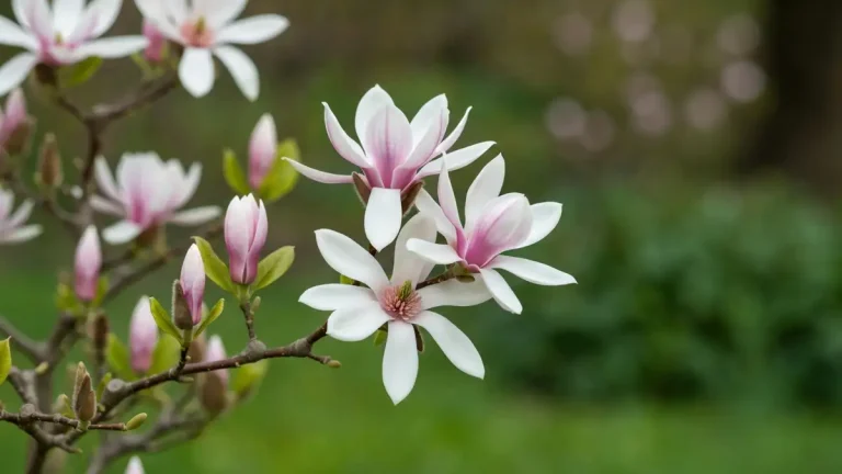 Magnolia gwiaździsta w pełnym kwitnieniu z drobnymi gwiazdzistymi kwiatami w kolorze białym lub różowym na tle wiosennego ogrodu