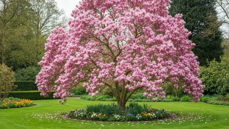 Magnolia z różowymi kwiatami w pełnym rozkwicie wiosną w ogrodzie