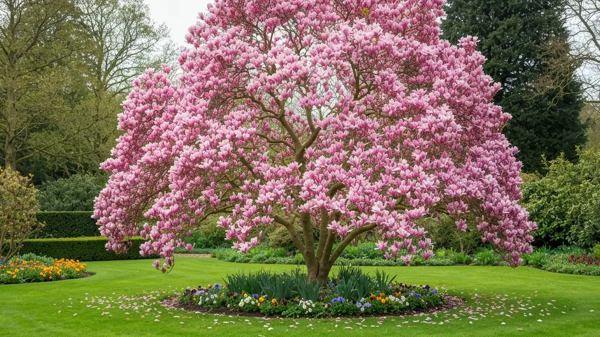 Magnolia z różowymi kwiatami w pełnym rozkwicie wiosną w ogrodzie