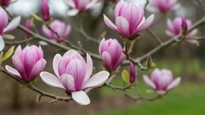 Magnolia Susan w pełnym rozkwicie – różowo-fioletowe duże kwiaty na gałęziach bez liści w wiosennym ogrodzie