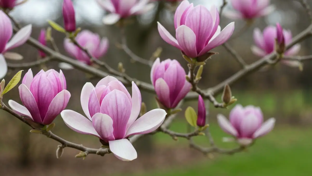 Magnolia Susan w pełnym rozkwicie – różowo-fioletowe duże kwiaty na gałęziach bez liści w wiosennym ogrodzie