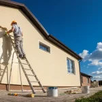 Dom z zewnątrz w trakcie malowania elewacji – pracownik ze szczotką na drabinie