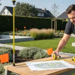 Geodeta dokonujący pomiaru działki z urządzeniami GPS i mapą do celów projektowych