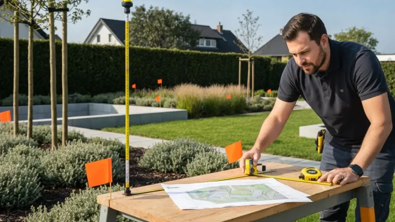 Geodeta dokonujący pomiaru działki z urządzeniami GPS i mapą do celów projektowych