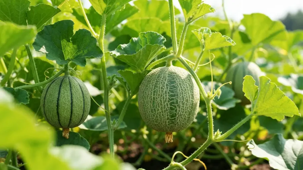 Świeży melon kantalupa rosnący w ogrodzie, zielone liście, młody owoc zawieszony na pnączu