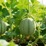 Świeży melon kantalupa rosnący w ogrodzie, zielone liście, młody owoc zawieszony na pnączu