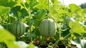 Świeży melon kantalupa rosnący w ogrodzie, zielone liście, młody owoc zawieszony na pnączu