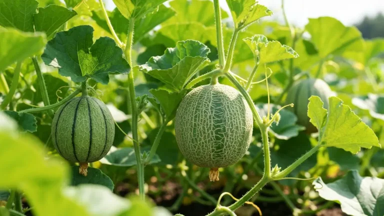 Świeży melon kantalupa rosnący w ogrodzie, zielone liście, młody owoc zawieszony na pnączu
