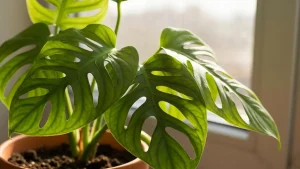 Monstera dziurawa z charakterystycznymi dziurami na dużych zielonych liściach, rosnąca w doniczce na parapecie