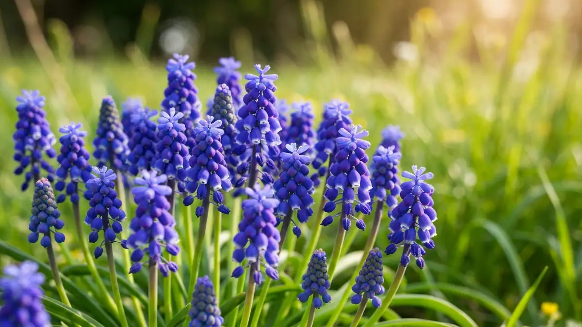 Szafirek muscari z niebieskimi drobnymi kwiatkami w ogrodzie wiosną, naturalny efekt naturalizacji wśród traw