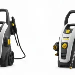 Myjka ciśnieniowa Karcher K5 i K7 obok siebie, urządzenia na białym tle, widoczne dysze i przewody