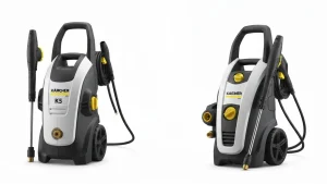 Myjka ciśnieniowa Karcher K5 i K7 obok siebie, urządzenia na białym tle, widoczne dysze i przewody