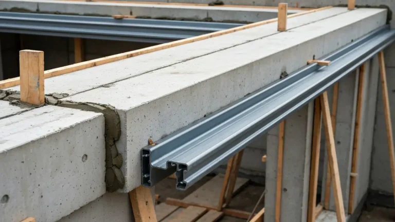 Nadproża okienne betonowe i stalowe w trakcie montażu na ścianach murowanych domu