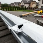 Zbliżenie na uszkodzoną rynnę z dziurą, taśmą aluminiową i narzędziami do naprawy