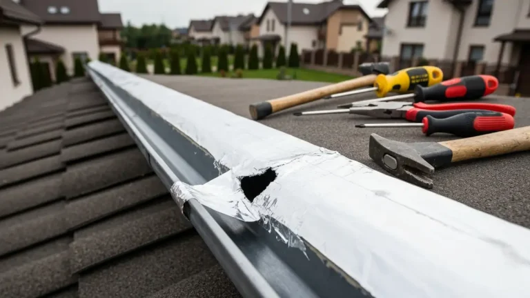 Zbliżenie na uszkodzoną rynnę z dziurą, taśmą aluminiową i narzędziami do naprawy