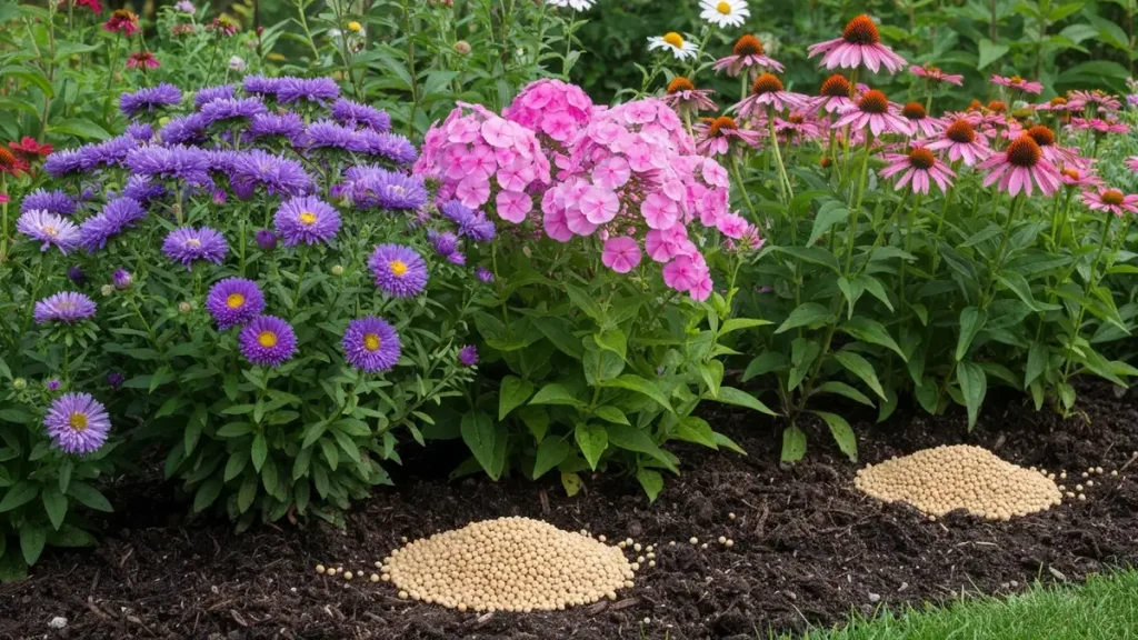 Rabata z kolorowymi bylinami (astry, floks, echinacea) na której rozsypano nawozy granulowane obok roślin
