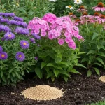 Rabata z kolorowymi bylinami (astry, floks, echinacea) na której rozsypano nawozy granulowane obok roślin