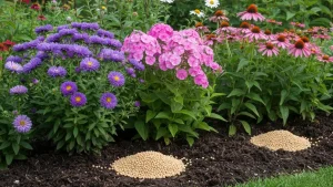 Rabata z kolorowymi bylinami (astry, floks, echinacea) na której rozsypano nawozy granulowane obok roślin