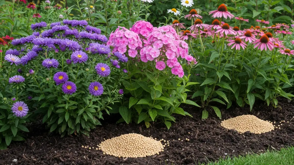 Rabata z kolorowymi bylinami (astry, floks, echinacea) na której rozsypano nawozy granulowane obok roślin