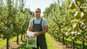Ogrodnik trzyma worki nawozów mineralnych i organicznych do nawożenia drzew owocowych w sadzie