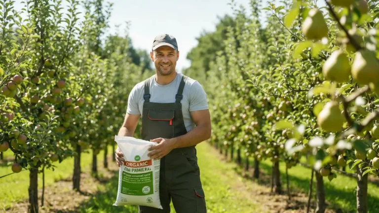 Ogrodnik trzyma worki nawozów mineralnych i organicznych do nawożenia drzew owocowych w sadzie
