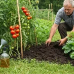 Pomidory w ogrodzie z kompostem i narzędziami do nawożenia - uprawy organiczne