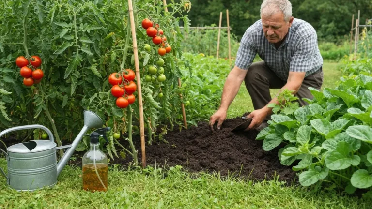 Pomidory w ogrodzie z kompostem i narzędziami do nawożenia - uprawy organiczne