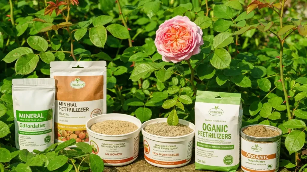 Zamknięty widok różnych nawozów mineralnych i organicznych do róż w pojemnikach, obok świeżo nawożona róża angielska w ogrodzie