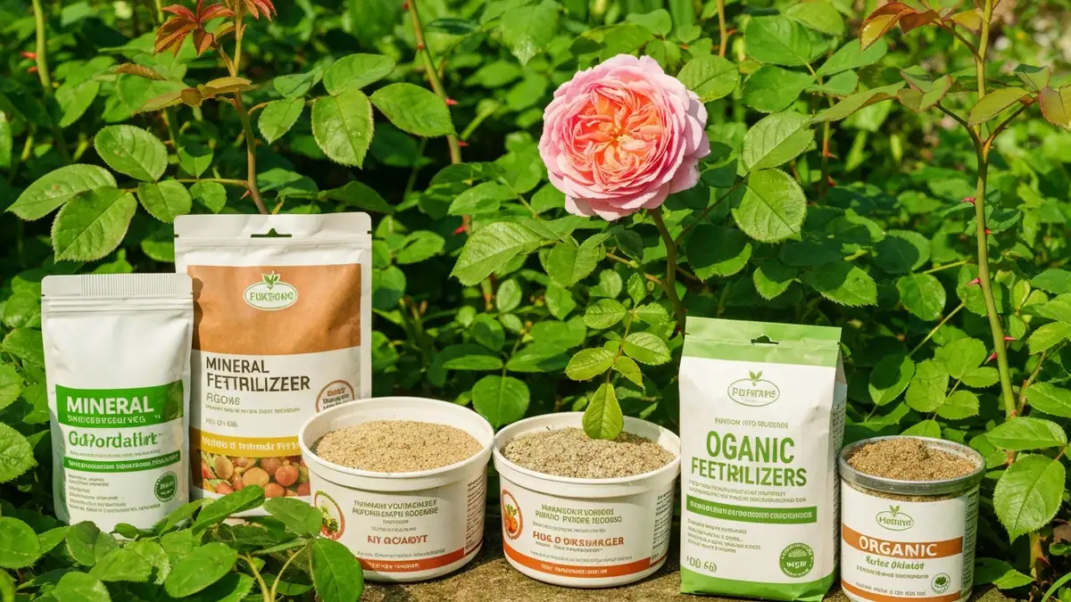 Zamknięty widok różnych nawozów mineralnych i organicznych do róż w pojemnikach, obok świeżo nawożona róża angielska w ogrodzie