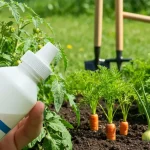 Gardener pouring liquid fertilizer on vegetable plants in garden bed, showing NPK nutrient ratios on bag