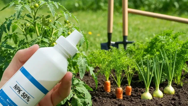 Gardener pouring liquid fertilizer on vegetable plants in garden bed, showing NPK nutrient ratios on bag