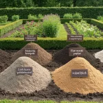 Stos obornika, kompustu i innych naturalnych nawozów organicznych w ogrodzie