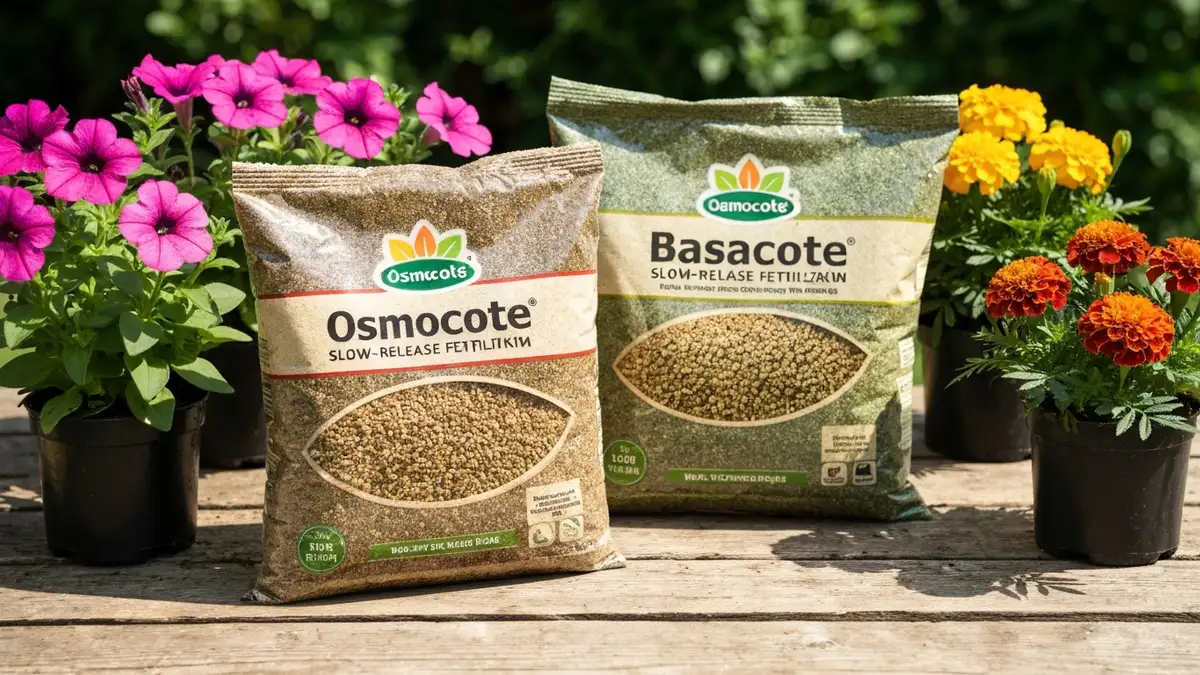 opakowania Osmocote i Basacote na stole obok doniczek z kwiatami