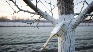 Wapnowanie pnia drzewa owocowego pędzlem – ochrona zimowa przed mrozem