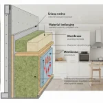Przekrój ściany z materiałem izolacyjnym od wewnątrz – warstwy, membrana, punkt rosy
